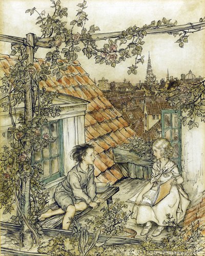La Reine des neiges - Kay a Gerda ve své zahradě vysoko na střeše. Ilustrace k příběhu Sněhová královna par Rackham, Arthur (1867-1939) od Arthur Rackham