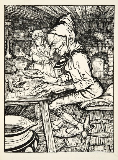 Lež!, zařval obr a pak slepice okamžitě snesla vejce z masivního zlata z hospody The Arthur Rackham Fairy Book. 1933 od Arthur Rackham