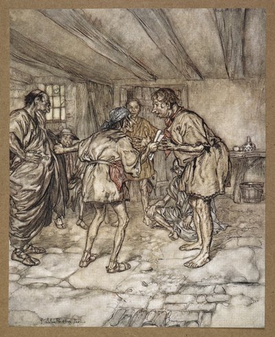 Nech mě taky hrát na lva." Quinceův dům. Scéna ze „Snu noci svatojánské“. od Arthur Rackham