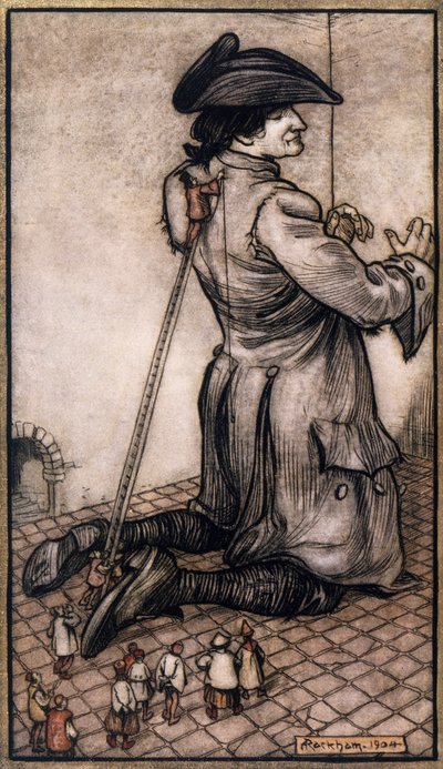 Liliputští krejčí měří Gullivera, aby mu vyrobili nový oblek, ilustrace Arthur Rackham (1867-1939) z Gulliver