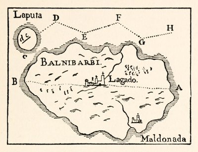 Mapa Laputy (létající ostrov vpravo nahoře) a Balnibarbi (hlavní přístav Maldonado) z části III: Cesta do Laputy, Balnibarbi, Luggnagg, Glubbdubdrib a Japonska v Gullivers Travels od Jonathana Swifta od Arthur Rackham