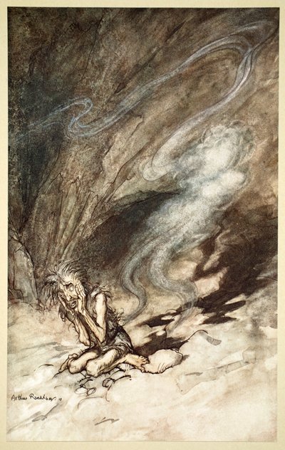 „Mime se svíjí pod řasami, které dostává“, 1910. od Arthur Rackham