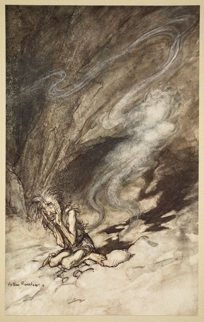Mim se svíjí pod ranami bičem, ilustrace z filmu "Rhinegold a valkýra". od Arthur Rackham