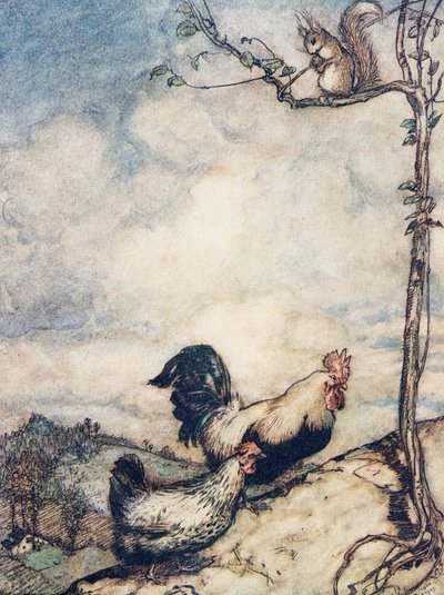 Teď půjdeme na kopec a pořádně si pochutnáme, než veverka odnese všechny oříšky .., z Pohádek bratří Grimmů, hospoda. 1909 od Arthur Rackham