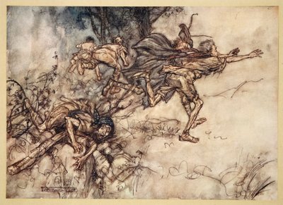 Ó monstrózní! Ó zvláštní! jsme pronásledováni. Modlete se, mistři! létat, mistři! Pomoc!, ilustrace ze „Snu nocí svatojánských“ od Williama Shakespeara, 1908 od Arthur Rackham