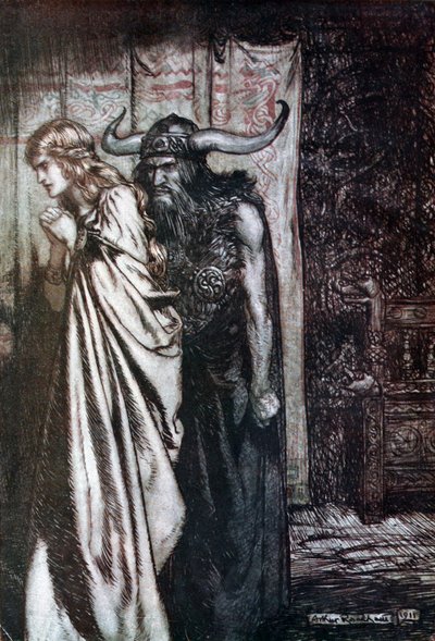 Ó ženo zrazená, pomstím, že důvěřují podvedeni! Ilustrace pro Siegfried a Soumrak t od Arthur Rackham