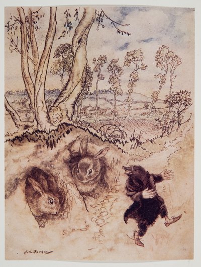 Cibulová omáčka! Cibulová omáčka! poznamenal posměšně a byl pryč, než si mohli vymyslet odpověď, z Wind in the Willows od Kennetha Grahama (1859 - 1932), hospoda. 1940 od Arthur Rackham