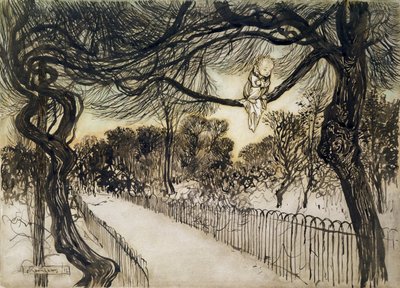 Peter Pan na větvi, scéna z Petera Pana v Kensington Gardens od J. M. Barrieho, 1912 (pero, inkoust a wc) od Arthur Rackham
