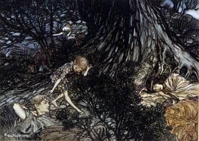 Puk dává na víčka spících postav kouzelný filtr. Ilustrace Arthur RACKHAM (1867-1939) pro Sen letní noci od Williama SHAKESPEARE od Arthur Rackham