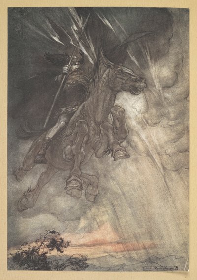 "Zuřící, Wotan jede ke Skále! Přichází jako bouřkový vítr!" od Arthur Rackham