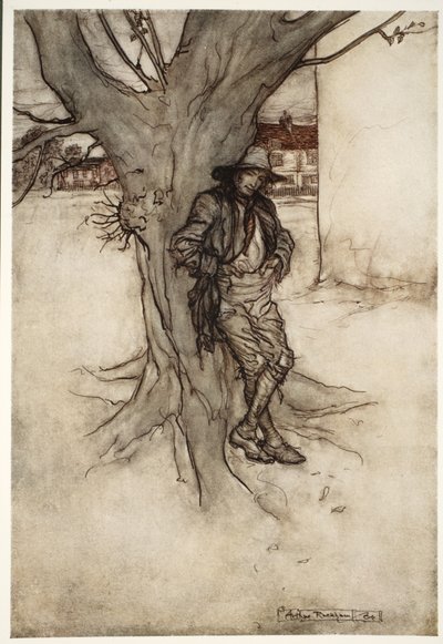 Rips syn, jeho přesný protějšek, když šel na horu., z Rip Van Winkle od Washingtona Irvinga, hospoda. 1910 od Arthur Rackham
