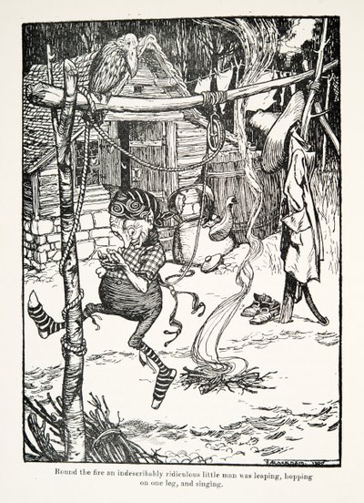 Kolem ohně skákal nepopsatelně směšný mužíček, poskakoval na jedné noze a zpíval z hospody Pohádky bratří Grimmů. 1909 od Arthur Rackham