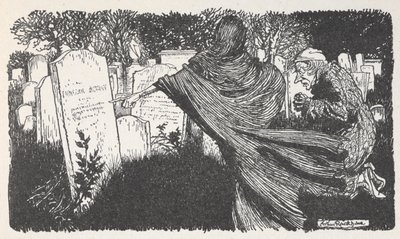Scrooge a duch na hřbitově v noci. od Arthur Rackham