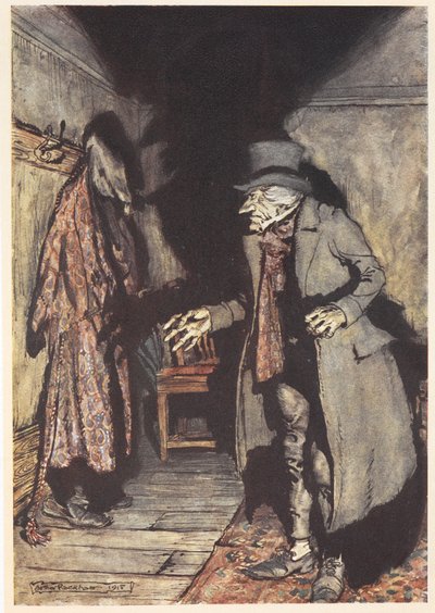 Scrooge v noci ve svém domě od Arthur Rackham