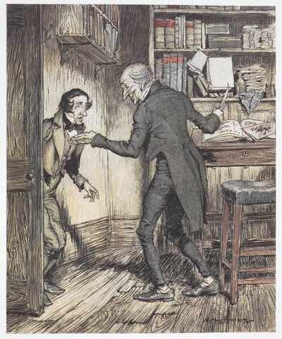 Scrooge píše ve své kanceláři, když vstoupí další muž od Arthur Rackham