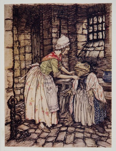 Šál upravila profesionálním záhybem a pod bradou mu uvázala provázky rezavého klobouku z Wind in the Willows od Kennetha Grahama (1859 - 1932), hospoda. 1940 od Arthur Rackham
