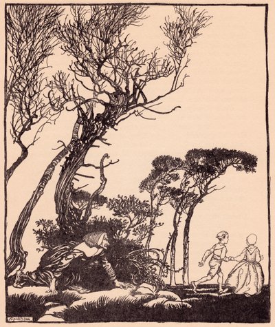 Plížila se za nimi tajně, jak se čarodějnice plíží. Ilustrace Arthura Rackhama z Grimmovy pohádky Bratr a sestřička. od Arthur Rackham