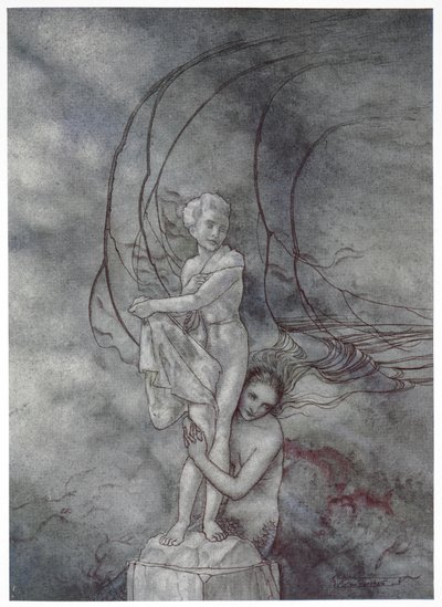 "Objala pažemi mramorovou postavu, která byla tak podobná princi." Ilustrace k příběhu „Malá mořská víla“. od Arthur Rackham