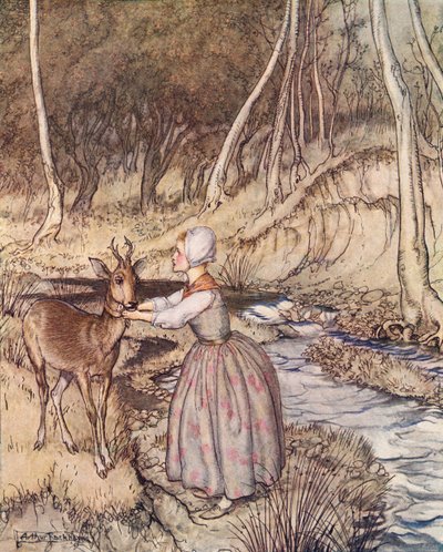 Sundala si zlatý podvazek a dala ho srnci kolem krku. Ilustrace Arthura Rackhama z Grimm