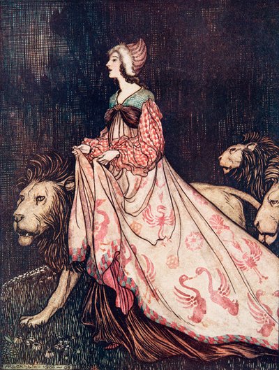 Odešla v doprovodu lvů z hospody Pohádky bratří Grimmů. 1909 od Arthur Rackham