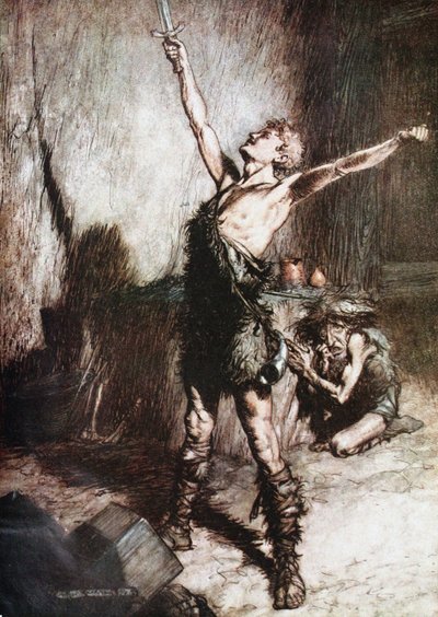 Siegfried kuje svůj meč. Ilustrace k Siegfriedovi a Soumraku bohů od Richarda Waga od Arthur Rackham