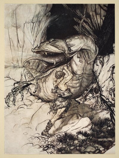 Siegfried zabíjí Fafnera, ilustrace z 