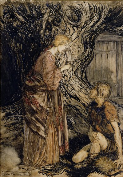 Siegmund a Sieglinde, Ilustrace z Rhinegold and the Valkyrie od Richarda Wagnera, Heinemann, 1910 (pero a inkoust s wc na papíře) od Arthur Rackham