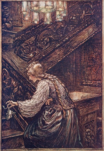 Uchopila ho tedy dvěma prsty a odnesla ho nahoru..., z hospody Pohádky bratří Grimmů. 1909 od Arthur Rackham