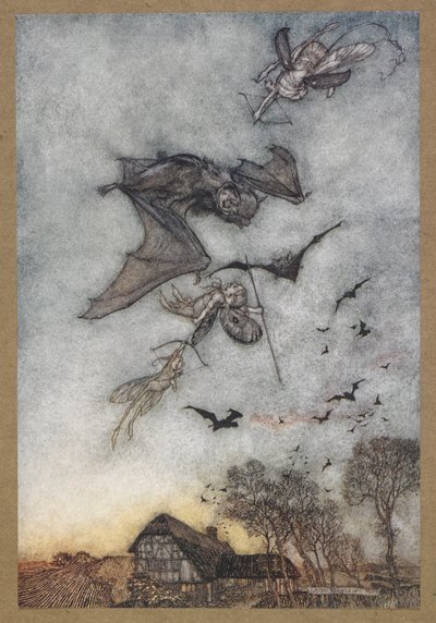 Nějaká válka s pravými myšmi o jejich kožená křídla. Scéna ze „Snu noci svatojánské“. od Arthur Rackham