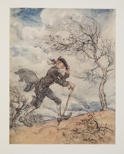 Krokování po profilu kopce za větrného dne..., z Legendy o ospalé prohlubni od Washingtona Irvinga (1783 - 1859), hospoda. 1928 od Arthur Rackham