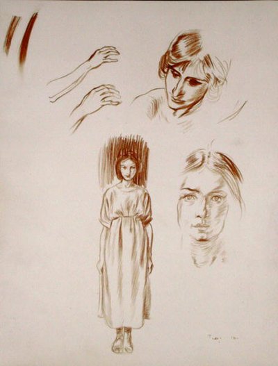 Studie ženy, tváří a rukou (sangvinik na papíře) od Arthur Rackham