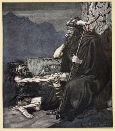 „Přísahej mi, Hagene, můj synu!“, ilustrace z „Siegfried a soumrak bohů“, 1924 od Arthur Rackham