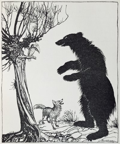 Medvěd a liška, ilustrace z "Ezopových bajek", vydalo nakladatelství Heinemann, 1912. od Arthur Rackham