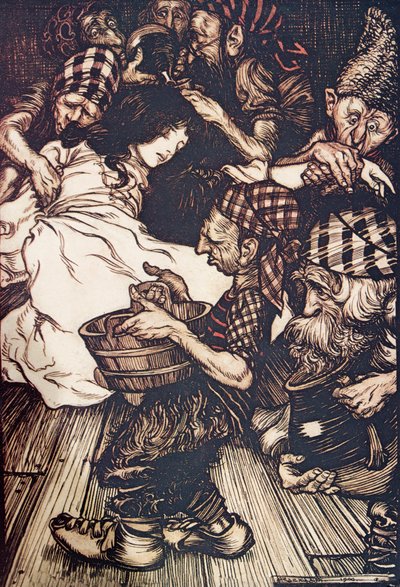 Trpaslíci, když večer přišli, našli na zemi ležet Sněženku, z hospody Pohádky bratří Grimmů. 1909 od Arthur Rackham