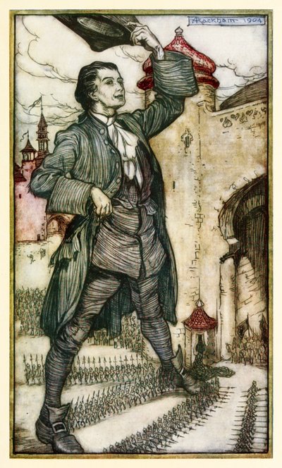 Císař z Liliputu hodnotí své vojáky z části I: Cesta do Liliputu v knize Gullivers Travels od Jonathana Swifta od Arthur Rackham