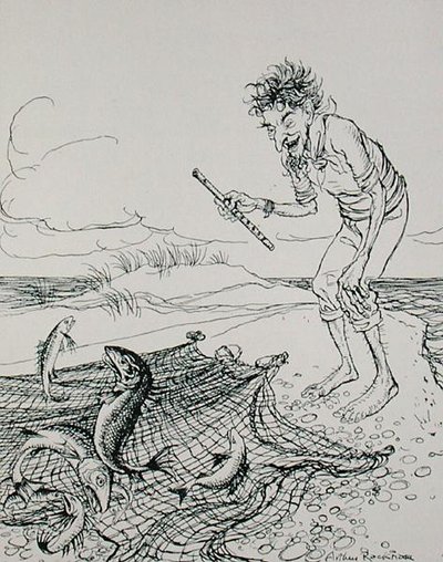 Rybář píská, ilustrace z "Ezopových bajek", vydaných nakladatelstvím Heinemann od Arthur Rackham