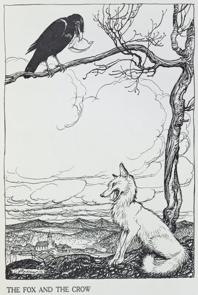 Liška a vrána, ilustrace z "Ezopových bajek", vydalo nakladatelství Heinemann, 1912 (rytina) od Arthur Rackham