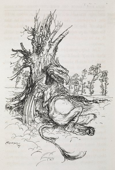 Gryphon sedí proti stromu od Arthur Rackham