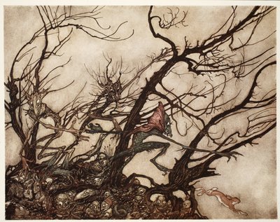 Indiáni je považovali za příbytek duchů., z Rip Van Winkle od Washingtona Irvinga, hospoda. 1910 od Arthur Rackham
