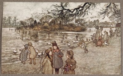 Ostrov, na kterém se rodí všichni ptáci, ze kterých se stali chlapci a holčičky, od Petera Pana v Kensington Gardens od J. M. Barrieho (1860 - 1937), hospoda. 1906 od Arthur Rackham