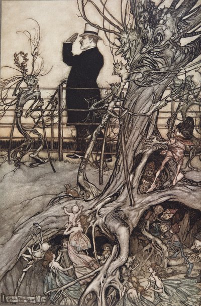 Kensingtonské zahrady jsou v Londýně, kde žije král...“, od Petera Pana v Kensington Gardens od J. M. Barrieho (1860 - 1937), pub. 1906 (barevné lito) od Arthur Rackham