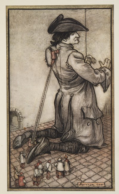 Lilliputian Tailors Measure Gulliver for a New Suit of Clothes, z Gullivers Travels od Jonathona Swifta (1667 - 1745), pub. 1909 od Arthur Rackham