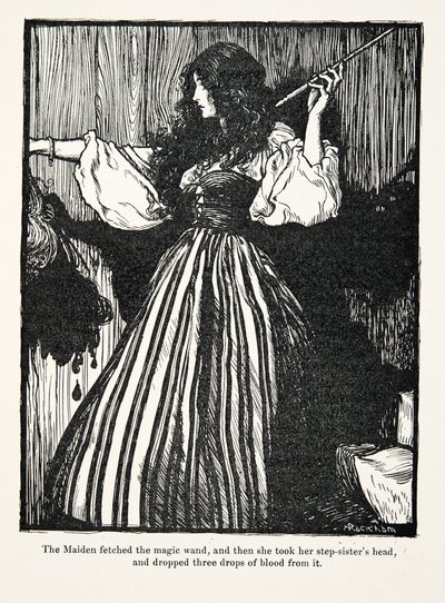 Panna přinesla kouzelnou hůlku a pak vzala hlavu své nevlastní sestry a vypustila z ní tři kapky krve z hospody Pohádky bratří Grimmů. 1909 od Arthur Rackham