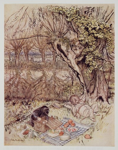 Krtek prosil o laskavost, aby si to mohl rozbalit sám, z Wind in the Willows od Kennetha Grahama (1859 - 1932), hospoda. 1940 od Arthur Rackham