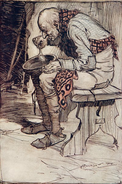 Dědek musel sám sedět a jedl jídlo z dřevěné misky ...z hospody Pohádky bratří Grimmů. 1909 od Arthur Rackham