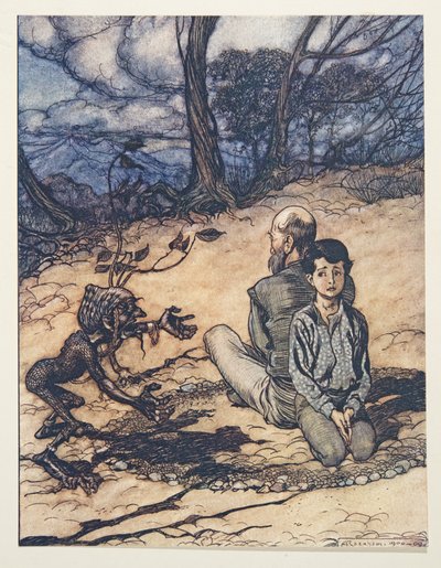 Syn udělal kruh a jeho otec a on v něm zaujali svá místa a objevil se malý černý Mannikin z hospody Pohádky bratří Grimmů. 1909 od Arthur Rackham