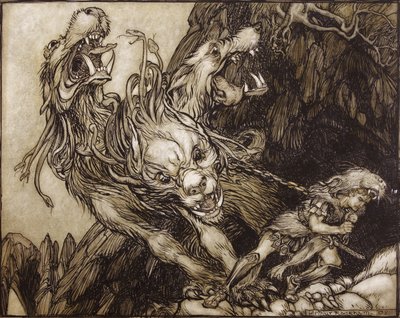 Dvanáctá Herkulova práce, ilustrace z The Greek Heroes od B.G. Niebuhr, 1903 (pero a inkoust a wc na papíře) od Arthur Rackham