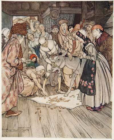 Stůl přání, Boží prdel a kyj v batohu, z Bratříčka a sestřičky a jiné pohádky bratří Grimmů, pub. 1917 od Arthur Rackham