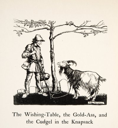 Stůl přání, zlatý zadeček a obušek v batohu, z Bratříčka a sestřičky a jiné příběhy bratří Grimmů, pub. 1917 (litho) od Arthur Rackham