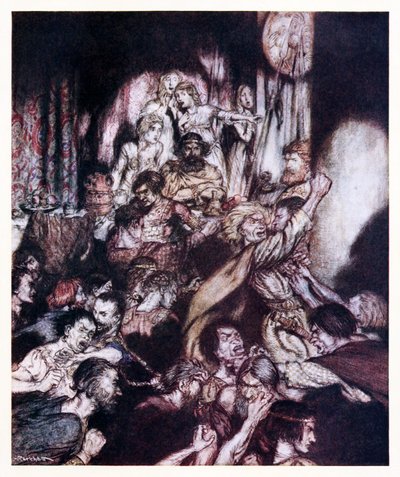 V hodovní síni panoval vřav. z Malé rvačky v irských pohádkách od Arthur Rackham